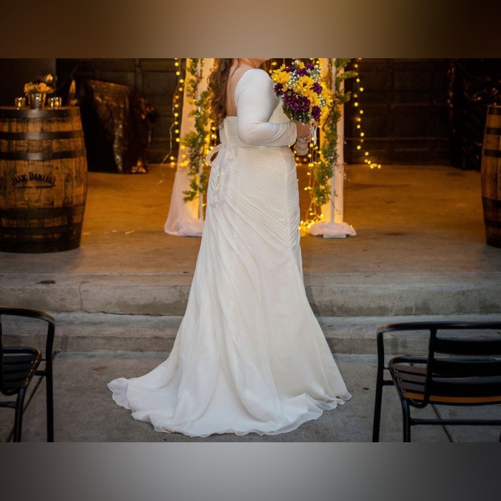 David's Bridal White Long Sleeve Chiffon Wedding Dress with Beaded Belt - Picture 3 of 12